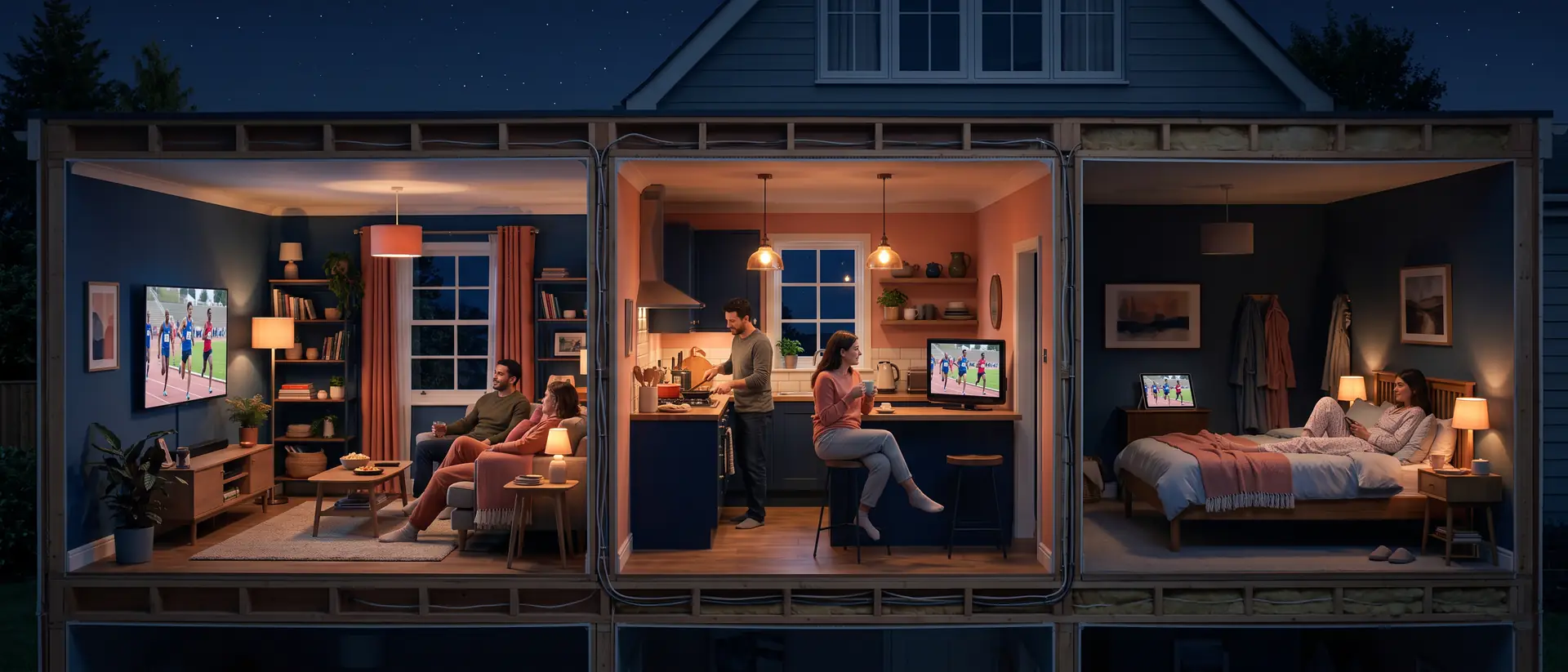Parents and children relaxing on the sofa with a SyntraTV show on the living-room TV