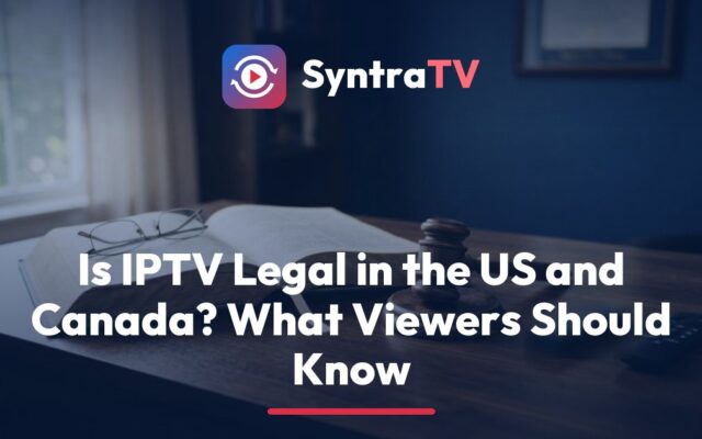 SyntraTV guide to whether IPTV is legal, showing a TV remote beside a gavel and a law book on a living-room table