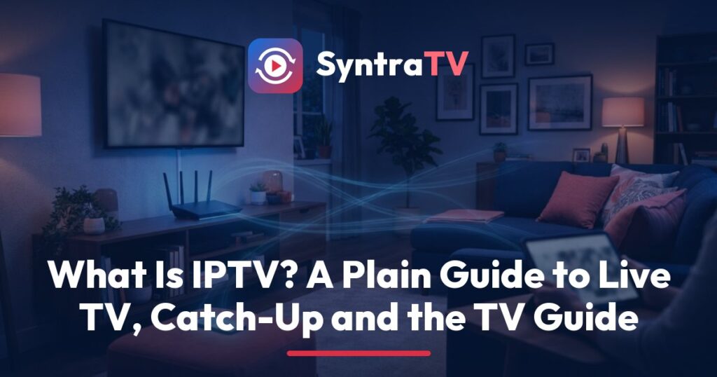 SyntraTV explainer: a living-room TV showing an IPTV program guide with catch-up icons, next to a phone and tablet using the same login