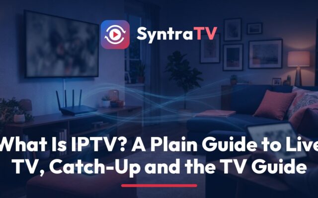 SyntraTV explainer: a living-room TV showing an IPTV program guide with catch-up icons, next to a phone and tablet using the same login