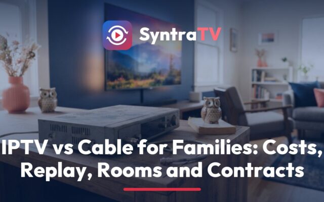 SyntraTV comparison of IPTV vs cable, showing a cable box with a DVR list beside a streaming stick playing catch-up from a TV guide