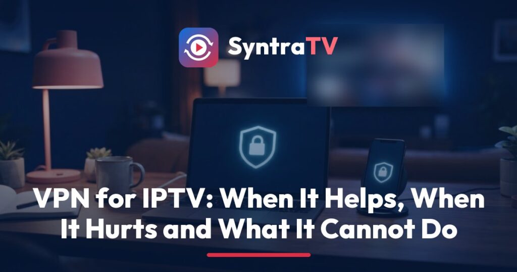 SyntraTV guide to using a VPN for IPTV, showing a streaming stick, a router and a phone with a VPN shield icon beside a TV guide screen