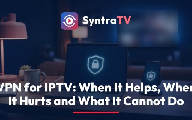 SyntraTV guide to using a VPN for IPTV, showing a streaming stick, a router and a phone with a VPN shield icon beside a TV guide screen
